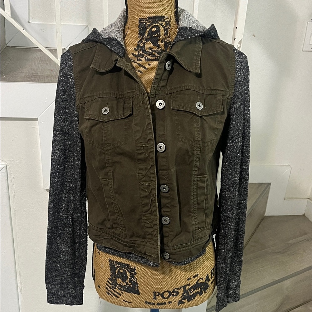 lei Olive Green and Charcoal Hooded Jean Jacket